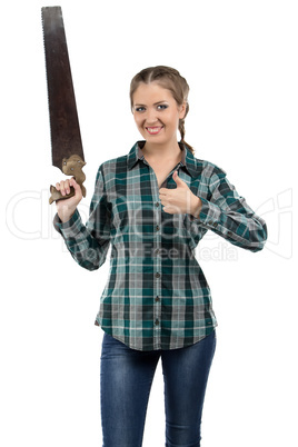 Portrait of smiling woman with the hand saw