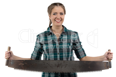 Photo of smiling woman with the hand saw