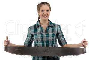 Photo of smiling woman with the hand saw