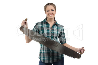 Image of smiling woman with the hand saw