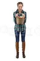 Photo of woman looking at basket with apples