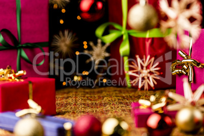 Christmas Background with Baubles, Bows and Boxes.