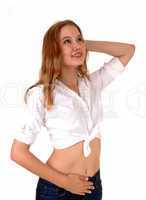 Blond woman in white blouse.