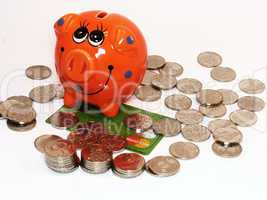 Bunch of coins and piggy bank