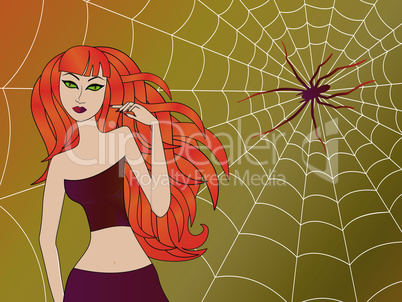 Halloween girl with green cat eyes against large cobweb