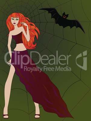 Halloween girl with cat eyes against large cobweb