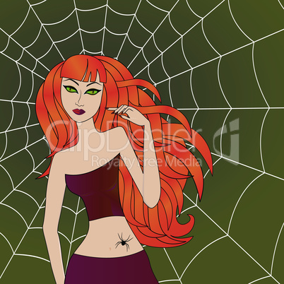 Halloween girl with green cat eyes against large cobweb
