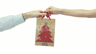 Giving A Present Bag Decorated With Xmas Trees