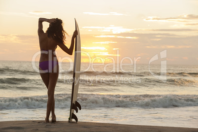 Woman Bikini Surfer & Surfboard Sunset Beach