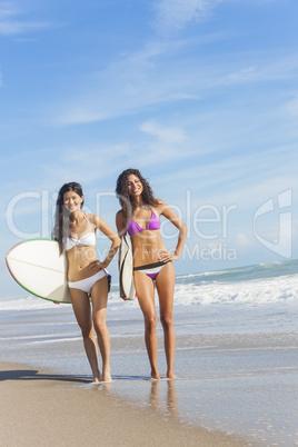 Beautiful Bikini Women Surfers & Surfboards At Beach