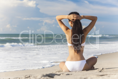 Sexy Woman Girl Sitting White Bikini on Beach