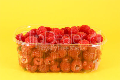 Fresh raspberries in plastic container