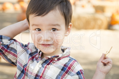 Mixed Race Young Boy Having Fun at the Pumpkin Patch