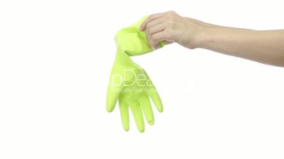 Woman Putting on Housework Rubber Glove