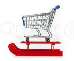 Wooden red sled with shopping cart