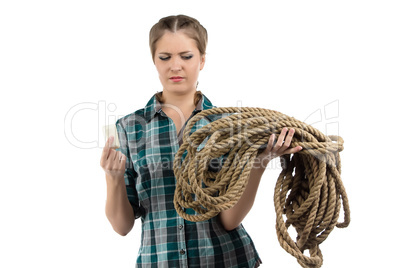Photo of young woman with the soap and twine
