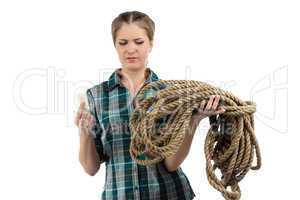 Photo of young woman with the soap and twine