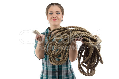 Image of positive woman with the soap and twine