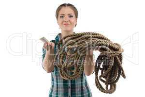 Image of positive woman with the soap and twine