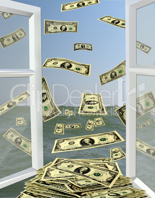 opened window to the sea with dollars