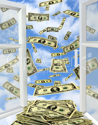 dollars flying out from opened window to the heaven