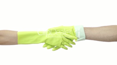 Woman and Man Shaking Rubber Gloved Hands