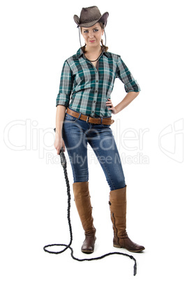 Photo of smiling cowgirl with the whip