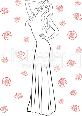 Stylish woman in a long gown among roses