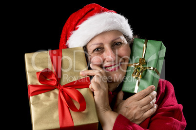 Old Woman in Red with Two Wrapped Christmas Gifts.