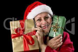 Old Woman in Red with Two Wrapped Christmas Gifts.