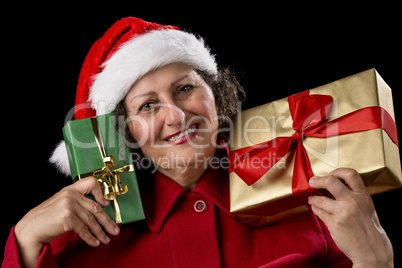 Smiling Lady with Golden and Green Christmas Gifts.