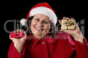 Elderly Lady with Wrapped Red and Golden Presents.