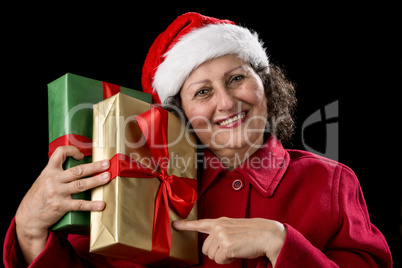 Aged Woman Pointing at Two Gifts, Golden and Green.