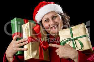 Elderly Woman with Three Wrapped Christmas Gifts.