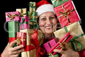 Delighted Aged Woman Embosoming Wrapped Presents.