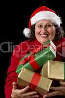 Cheerful Old Lady Offering Three Wrapped Gifts .