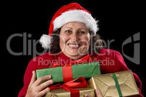 Delighted Elderly Woman Hugging Three Wrapped Gifts.