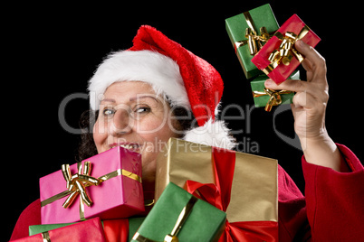 Perky Female Pensioner Presenting Wrapped Gifts.