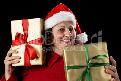 Cheerful Old Lady with Two Wrapped Golden Gifts .