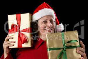 Cheerful Old Lady with Two Wrapped Golden Gifts .