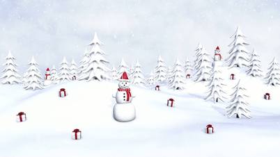 Winter Christmas forest with gifts and snowmen