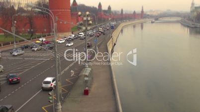 The bustling traffic of cars and vehicle timelaps titl shift