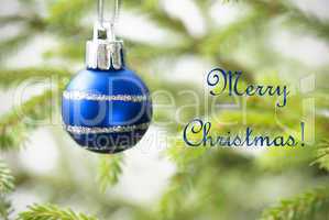 Blue Christmas Ball on Christmas Tree with Text Merry Christmas