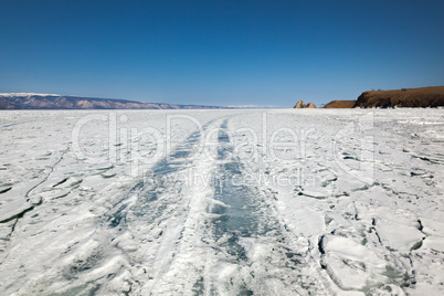 Winter ice road through Baikal