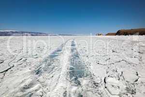 Winter ice road through Baikal
