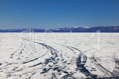 Winter ice road through Baikal