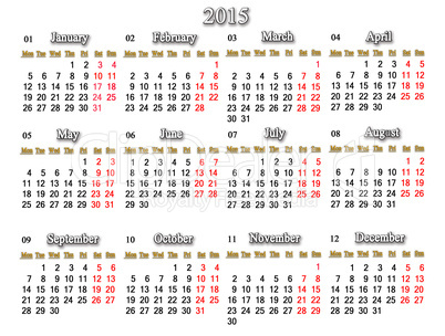 calendar for 2015 year