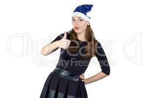 Image of woman in xmas hat with thumb