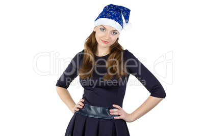 Photo of young woman in blue christmas hat