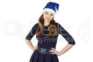 Photo of young woman in blue christmas hat